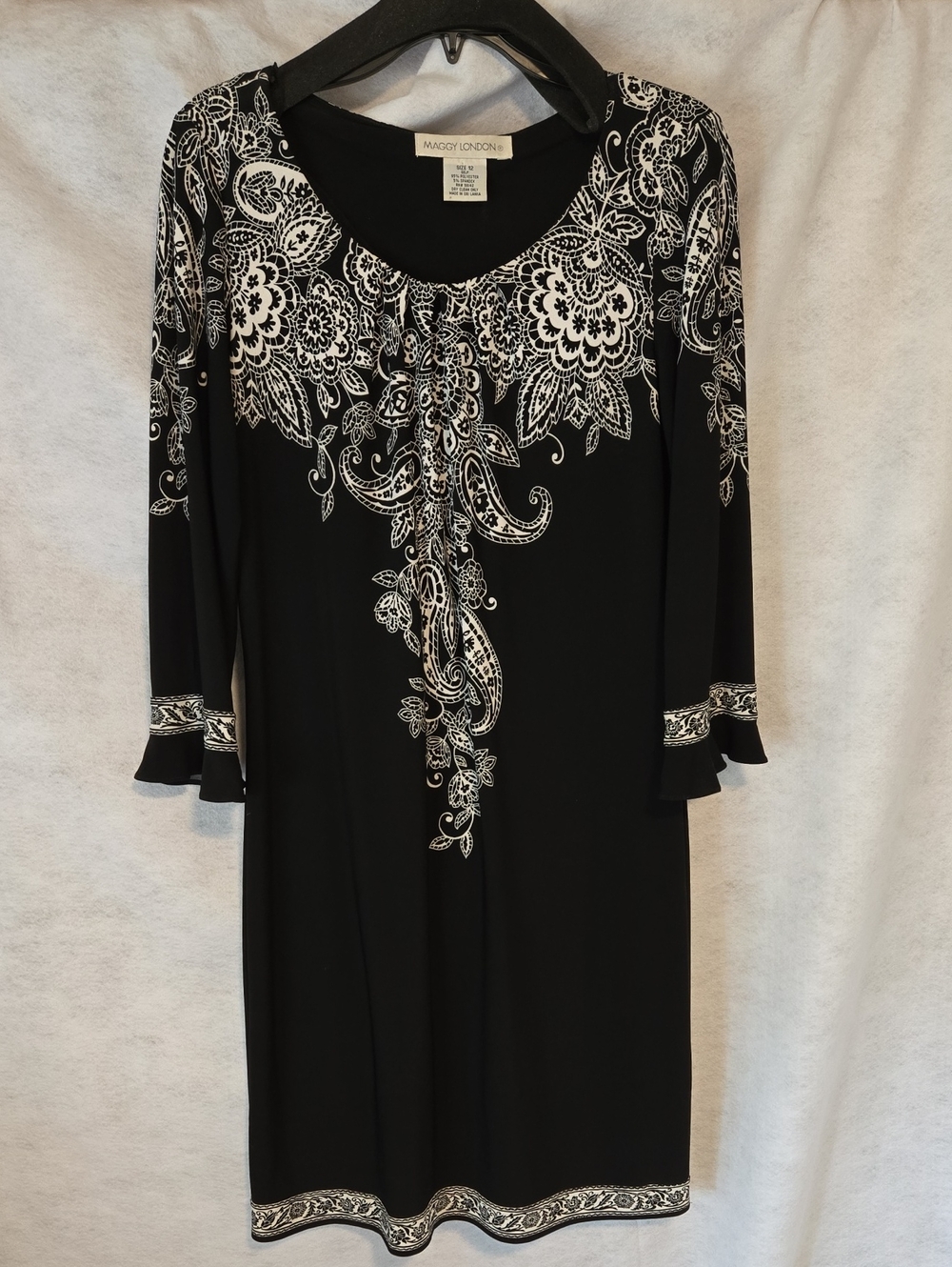 Maggy London Black Dress with White Paisley Trim